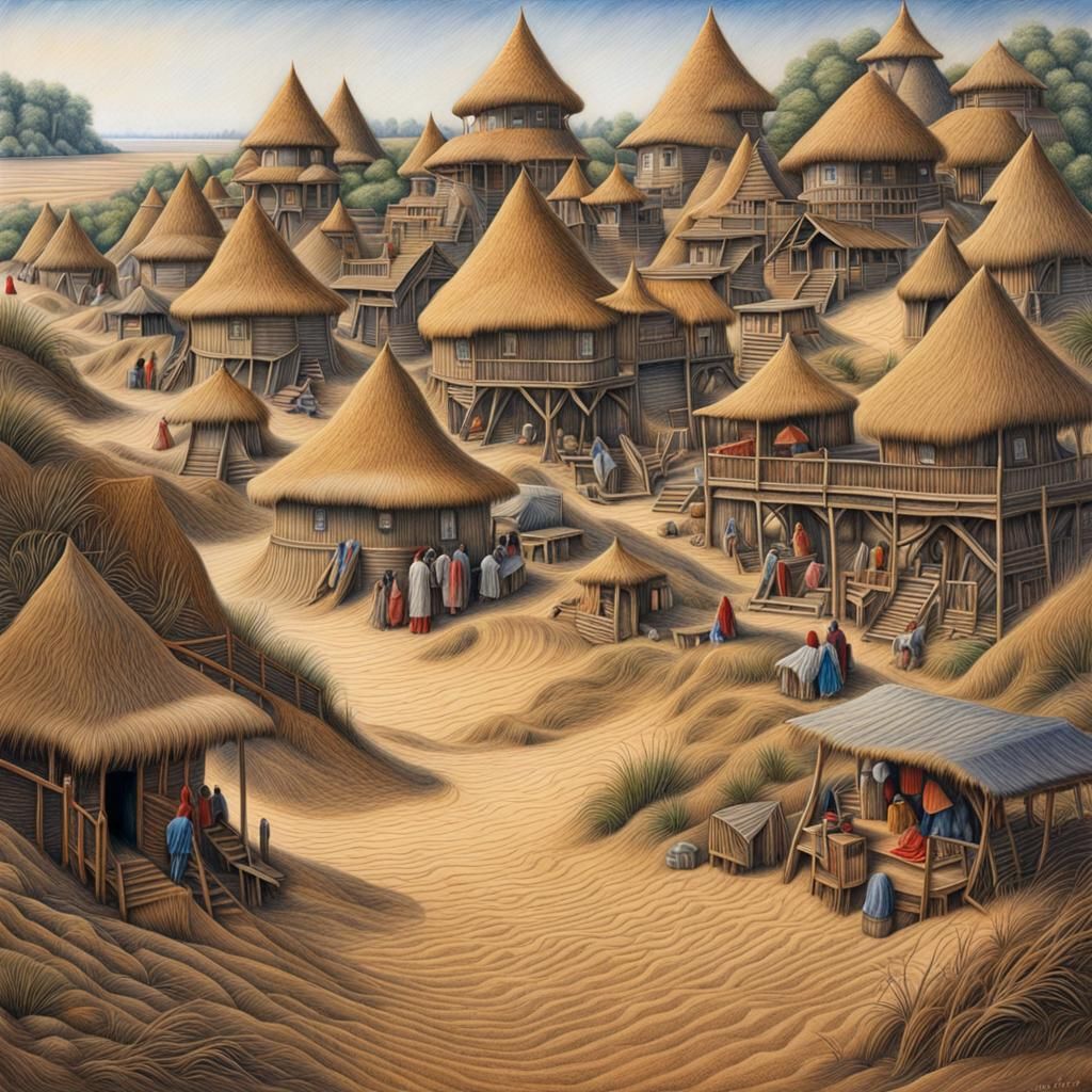 Sand Village: Detailed Colored Pencil Drawing