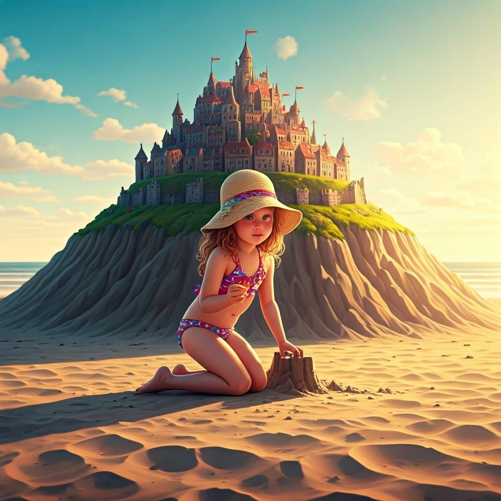 Child's Sandcastle Fortress in Impressionistic Style