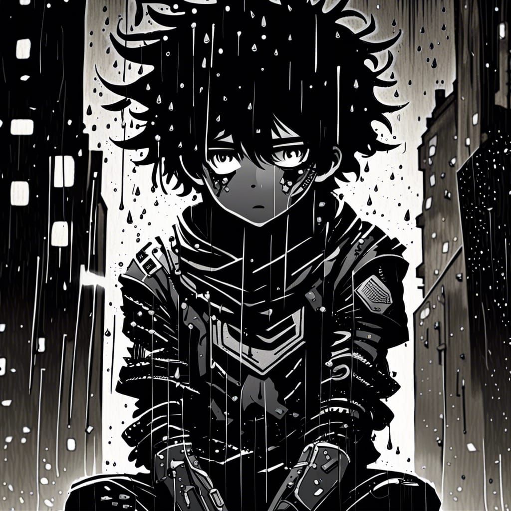 Silhouette of Boy in Futuristic Armor, Japanese Art