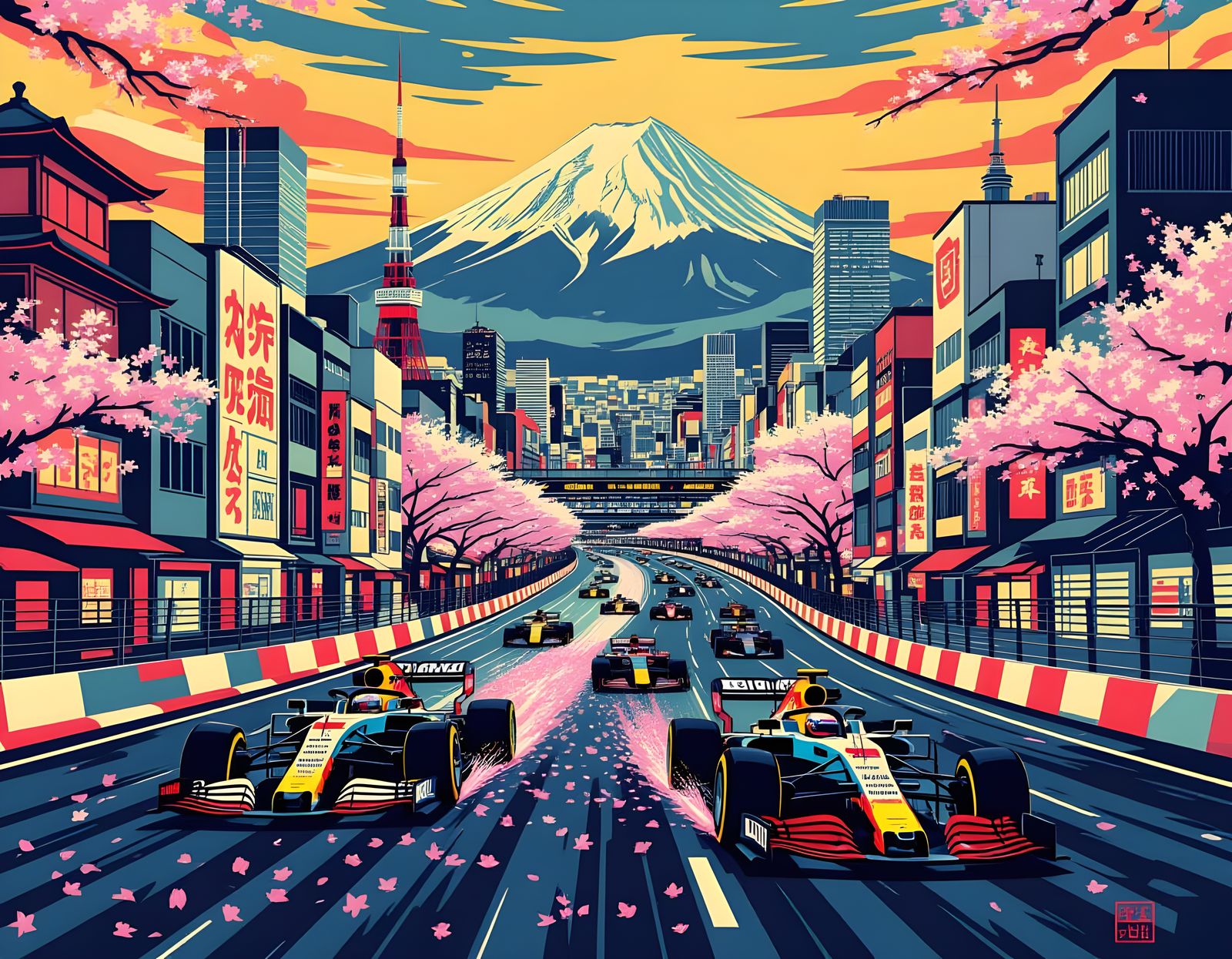 Futuristic Tokyo F1 Race as Ukiyo-e Print