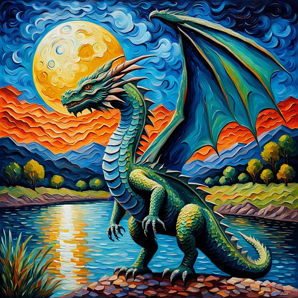 Dragon by River in Expressionist Oil Painting