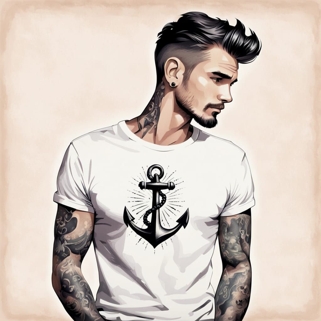 Retro Ink Drawing of Man with Anchor Tattoo