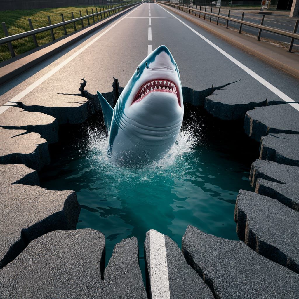 3D Street Art Illusion: Shark Emerging from Pavement Pond