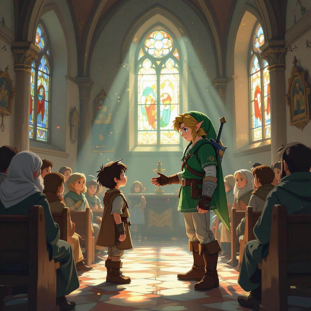 Link and Villager Chat Inside Ancient Church, Painterly Styl...