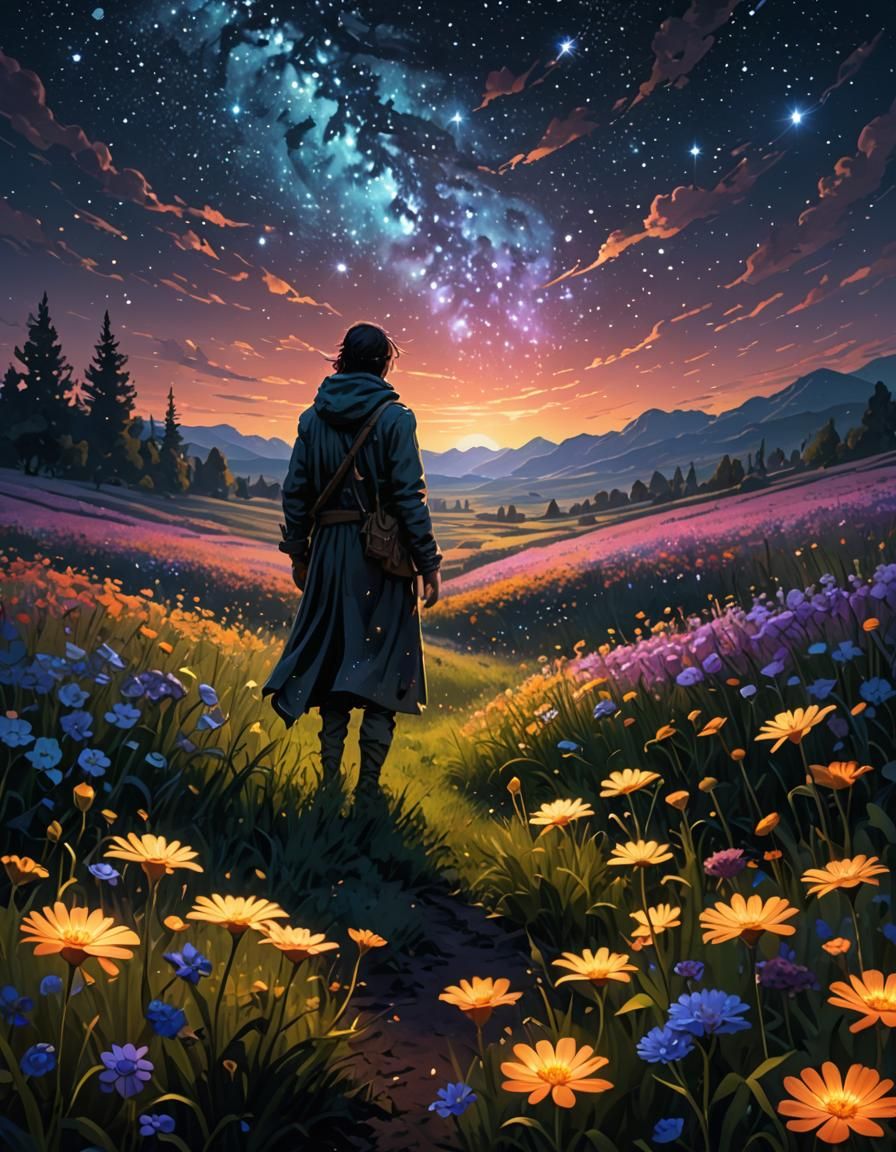 A lone figure wanders through a field of bio luminescent flowers