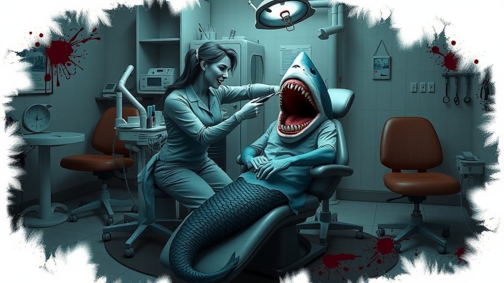 Dentist Mermaid and Shark Patient in Dark Digital Art