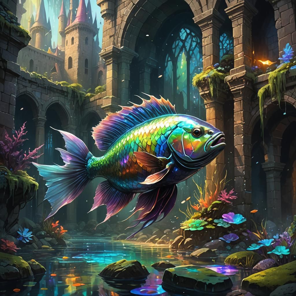 Iridescent Fish in Mystical Underwater Castle