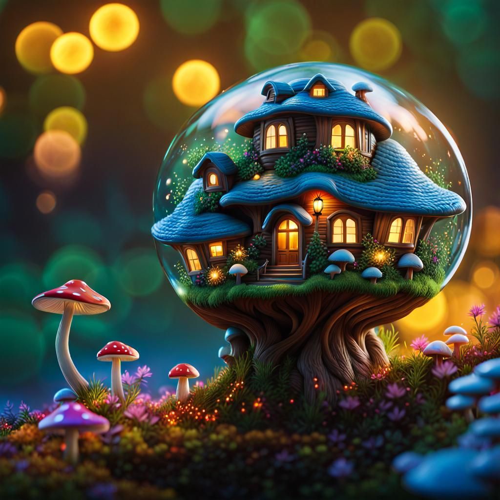 Mushroom House in Bubbly Orb, Digital Illustration