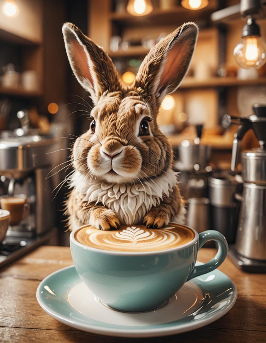 Rabbit Barista Latte Art in Whimsical Style
