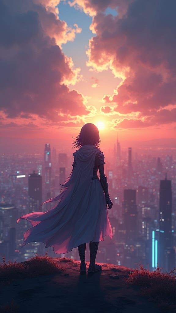 Anime Mecha Girl Embracing Hope Amidst the City's Calm