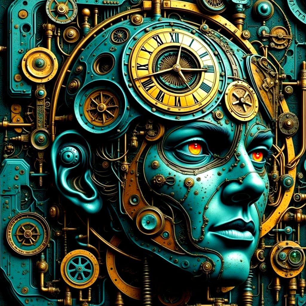 Steampunk Robotic Face with Golden Gears and Clockwork
