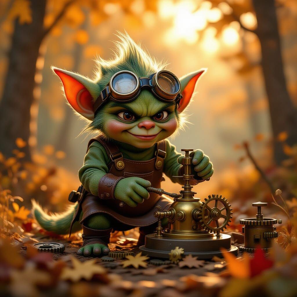 Mischievous Gremlin Tinkers With Brass Contraption in Autumn...