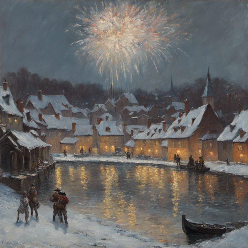 Snowy Medieval Village Fireworks in Impressionist Style