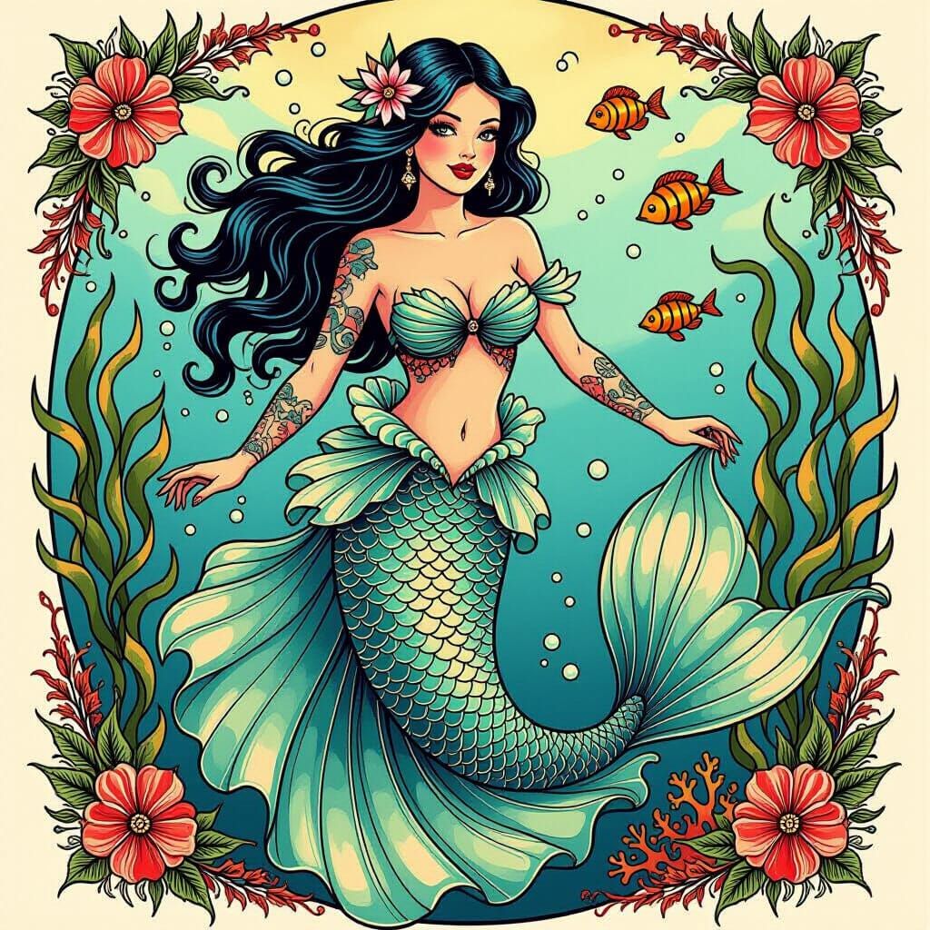 Mermaid in Aquatic Gown: Old School Tattoo Art