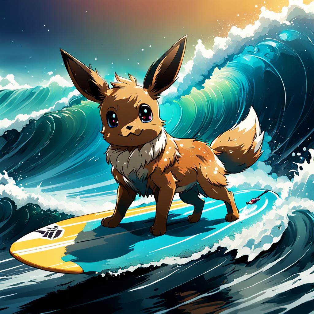Eevee Surfing: Cel-Shaded Anime Manga Scan