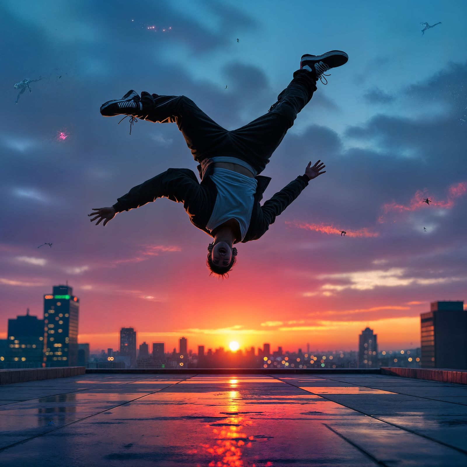 Breakdancer on Rooftop at Sunset - Digital Painting