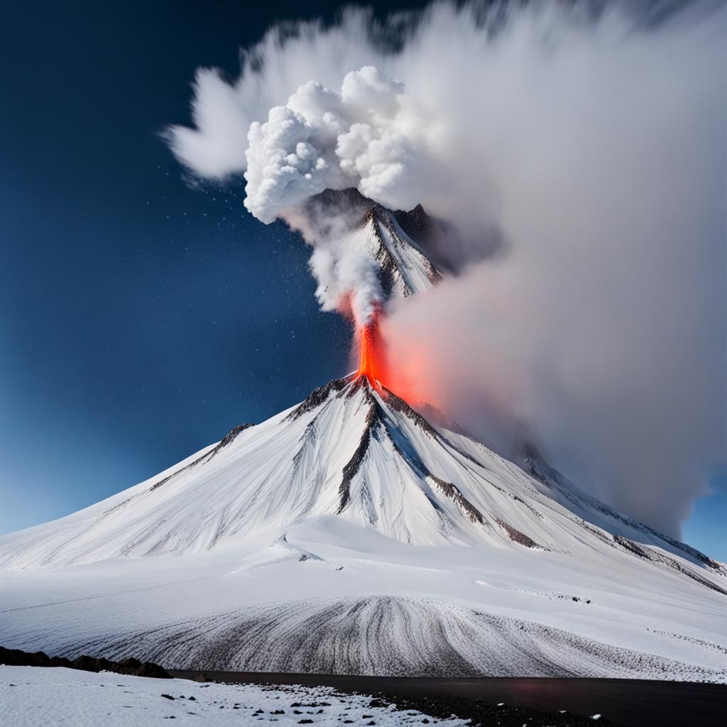 Surreal Volcano Eruption with Upward Snowfall