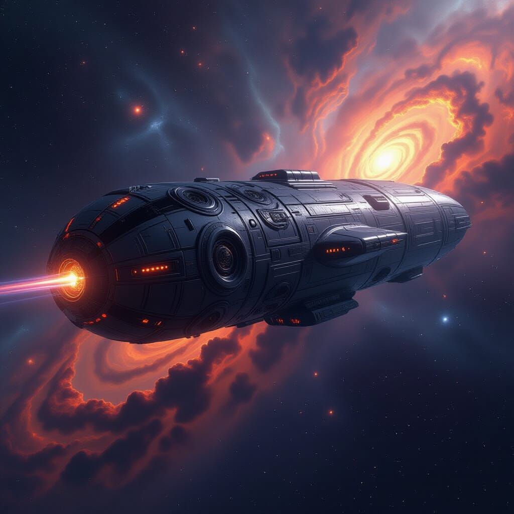 3I/ATLAS , massive, cylindrical spaceship glides through space,