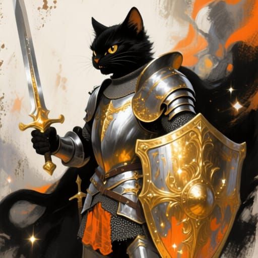 Fierce Feline Knight with Golden Shield