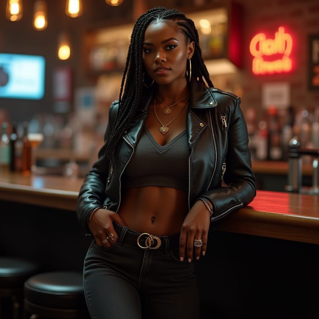 African American Woman in Leather Jacket at Roadhouse Bar