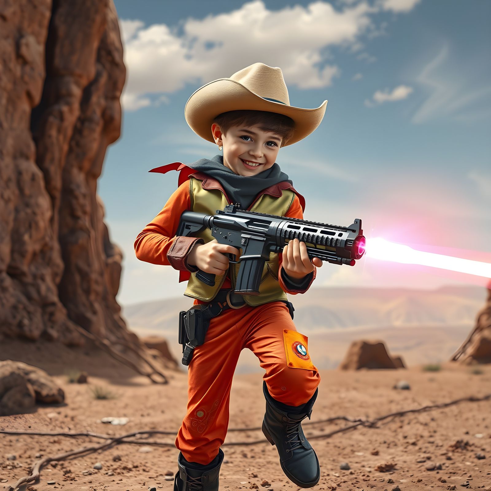Kid Cowboy with Laser Weapon, Realistic Style