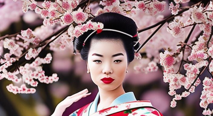 Geisha Under Cherry Blossoms in Ethereal Style