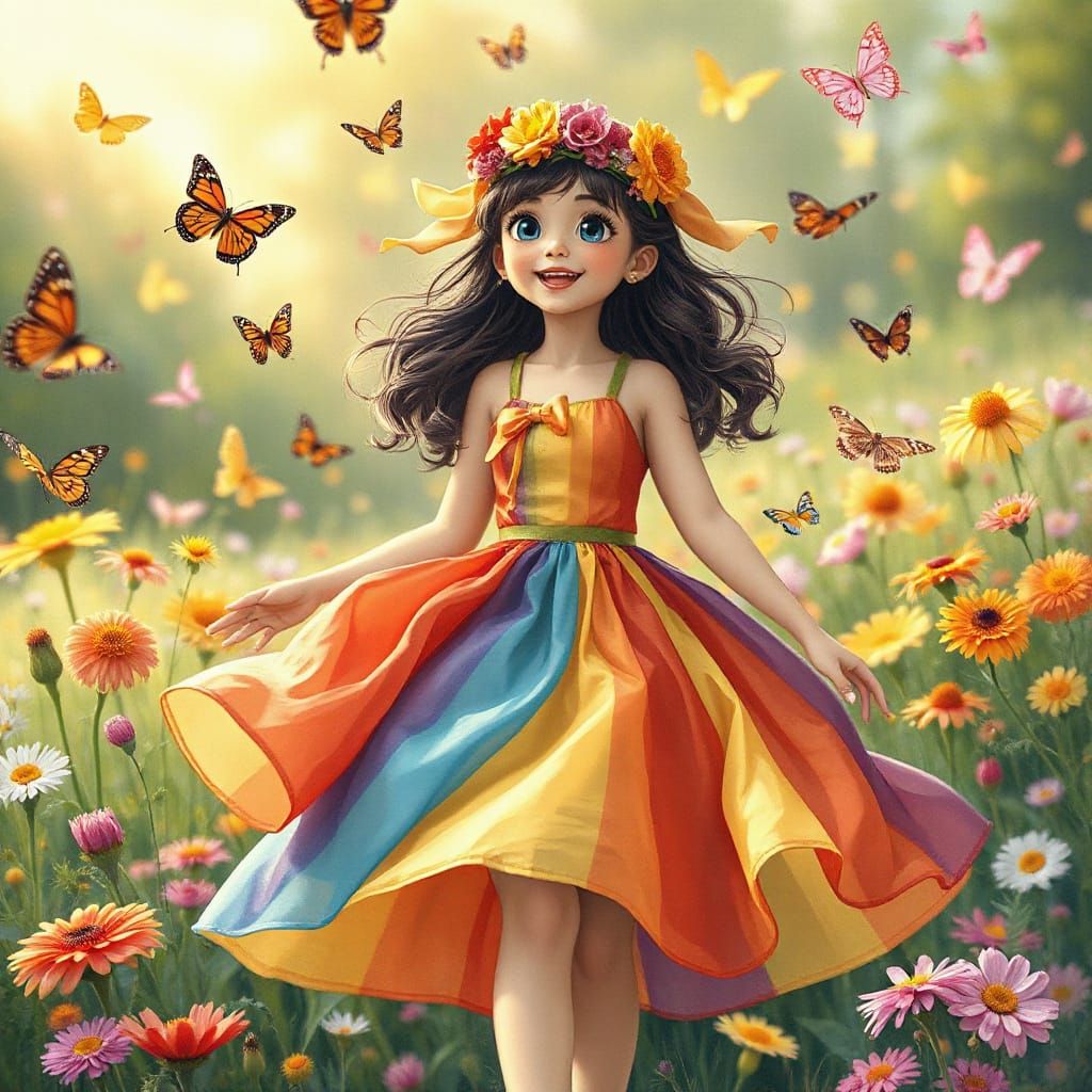 Vibrant Woman in Whimsical Garden Scene, Inspired by Miyazak...