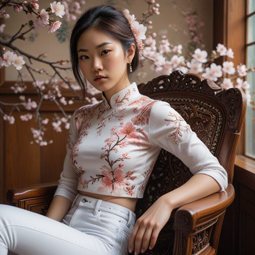Hyper-Realistic Portrait of Japanese Woman in Ornate Chair