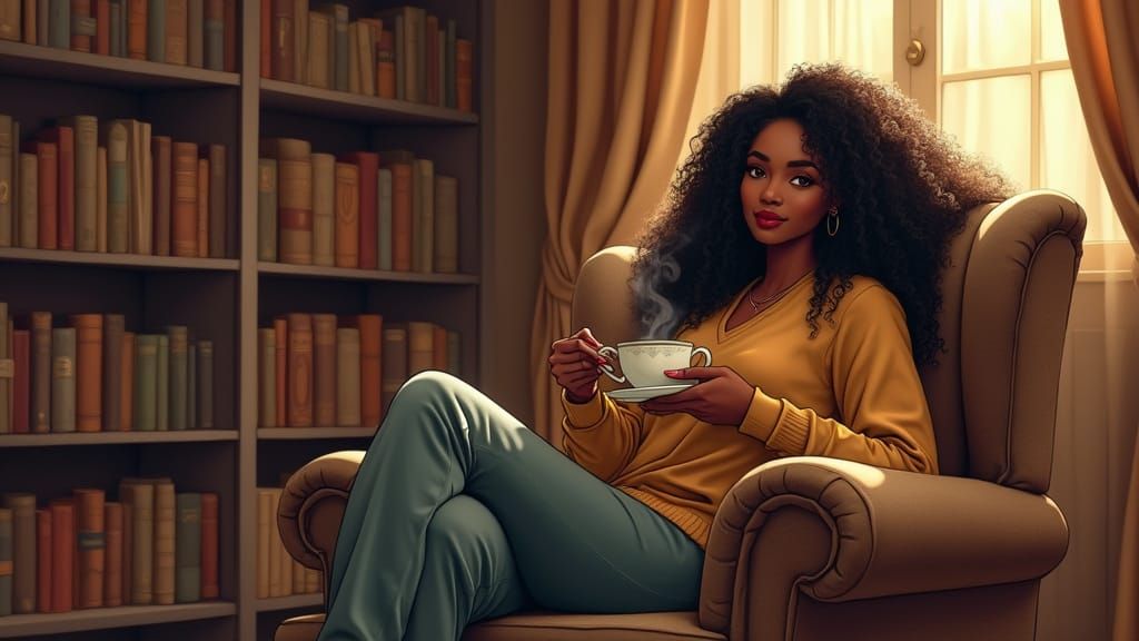 Cozy Home Library Scene with African Woman