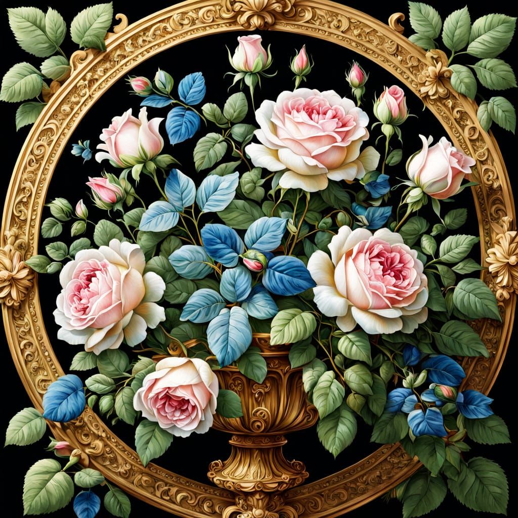 Baroque Floral Still Life with Pink Roses and Golden Light