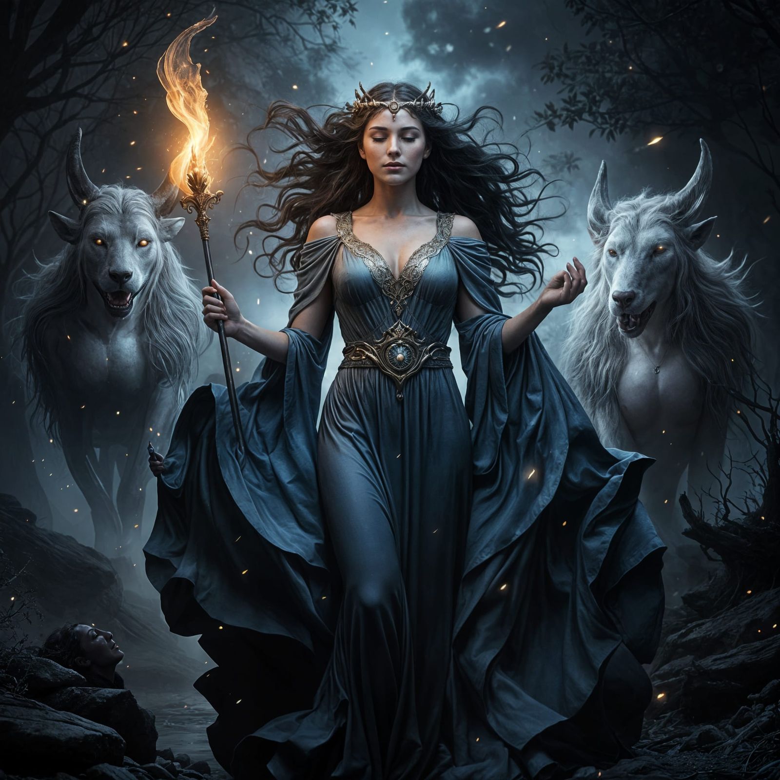 Hecate's Mystical Night: Digital Painting with Moonlit Aura