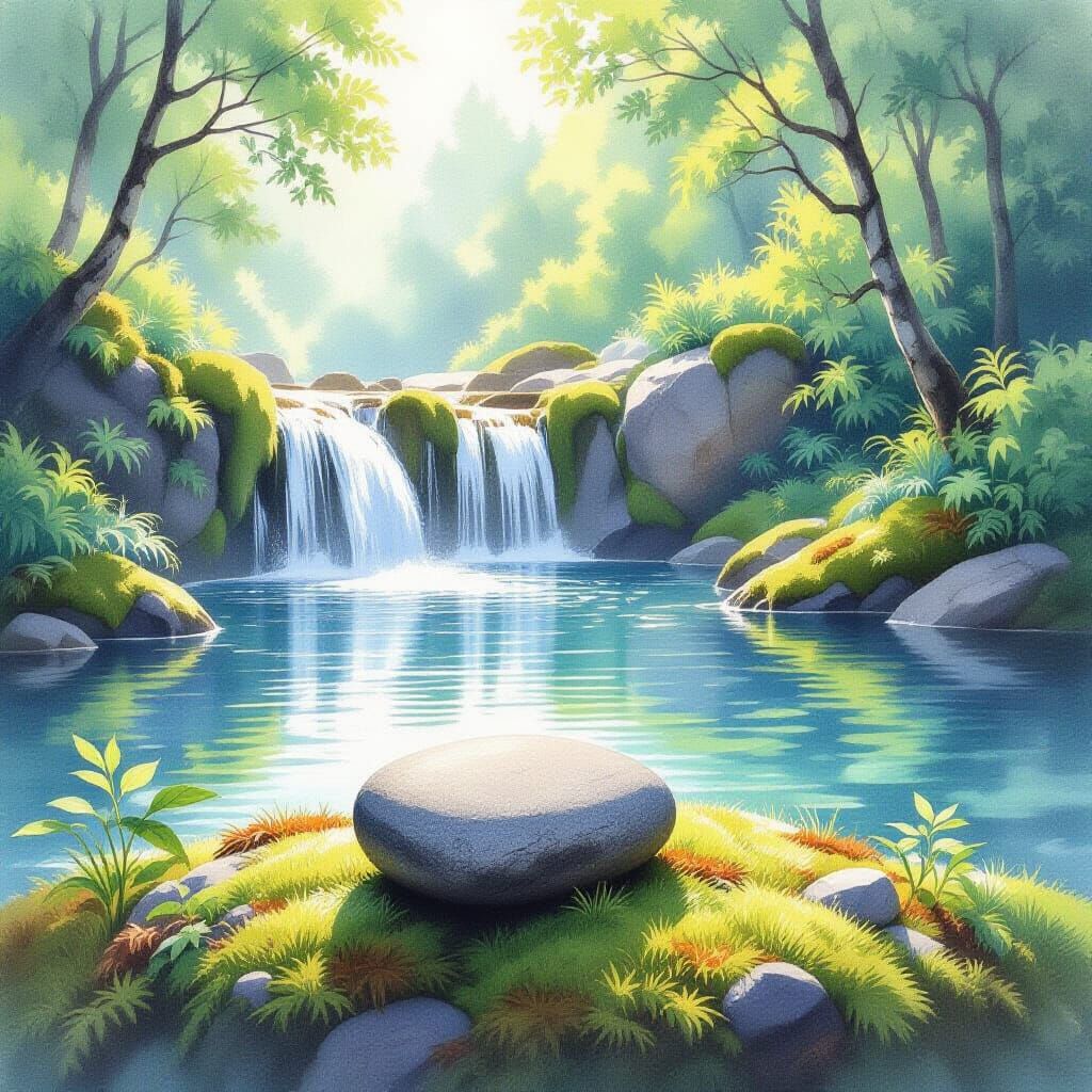 Tranquil Watercolor: Stone, Moss, and Waterfall