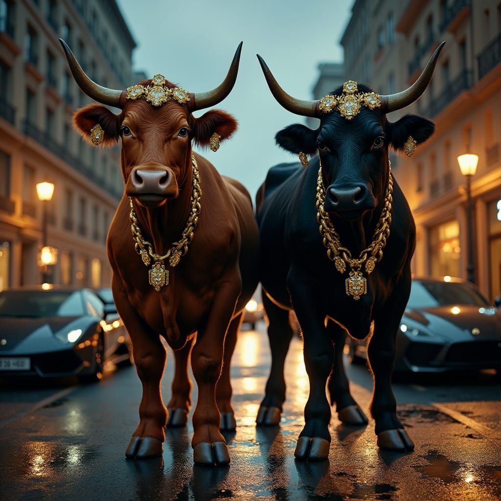Rapper Cows Posing with Luxury Cars in Hyperrealism