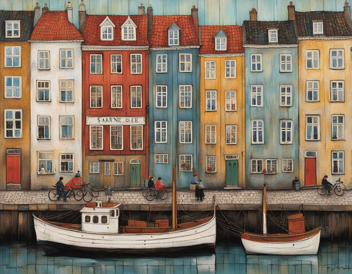 Charming Copenhagen Harbor Scene in Naive Art Style