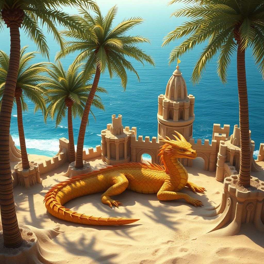Majestic Golden Dragon in a Fantasy Sand Castle