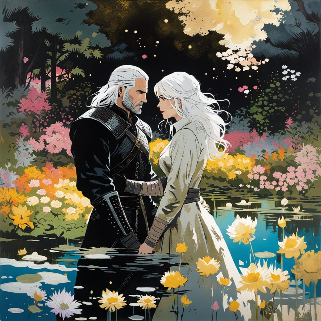 Geralt and Yennefer in a Flower Garden Pond