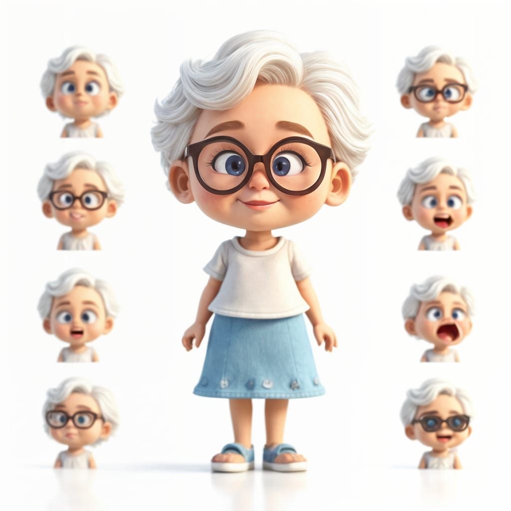 Adorable 3D Cartoon Grandma Character in Pixar-Disney Style