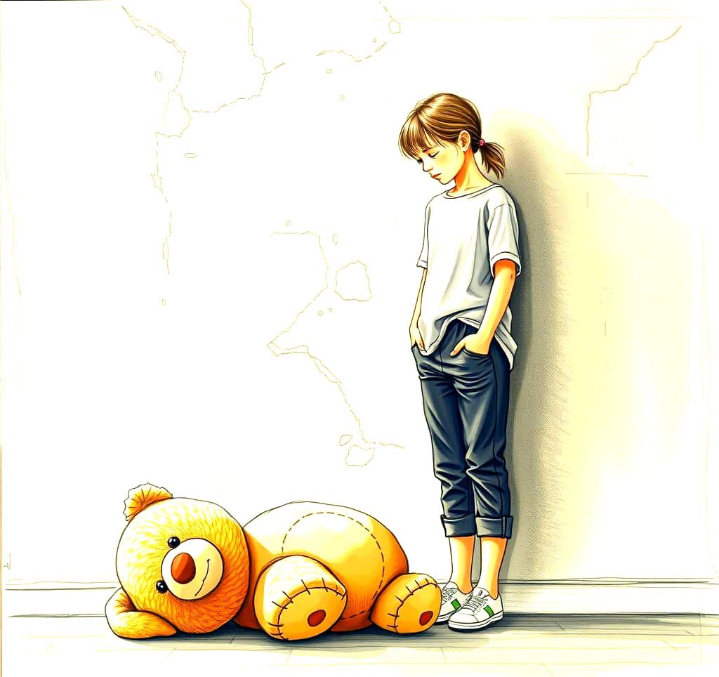 Solitary Girl with Teddy Bear: Continuous-Line Sketch
