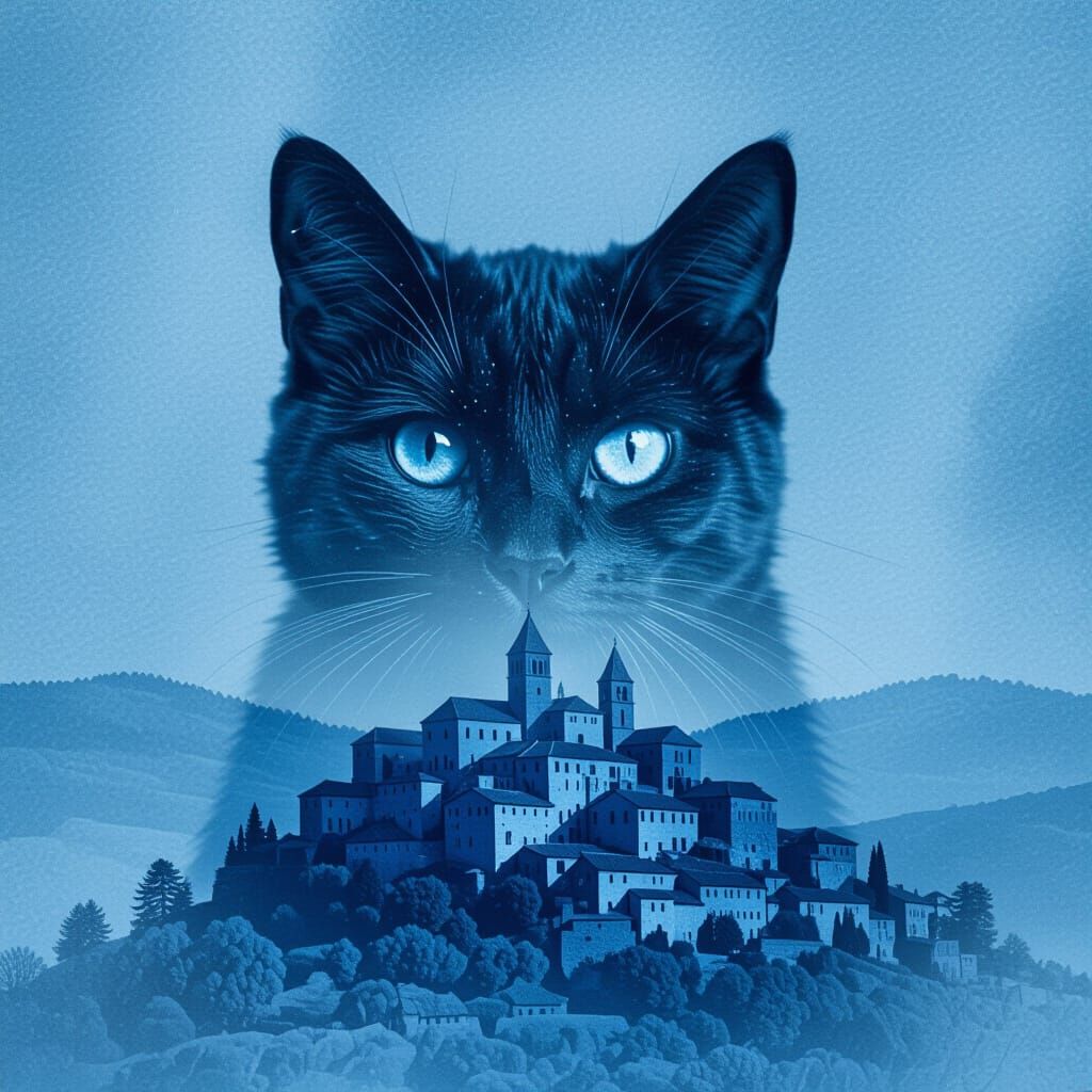Monochromatic Blue Double Exposure Cat with Village