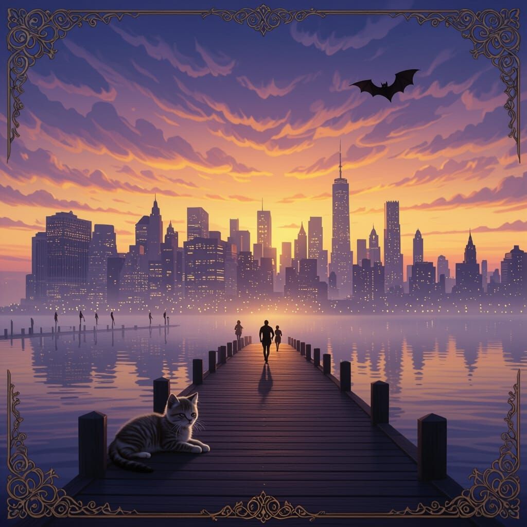 Misty Cityscape at Dusk with Kitten and Bat