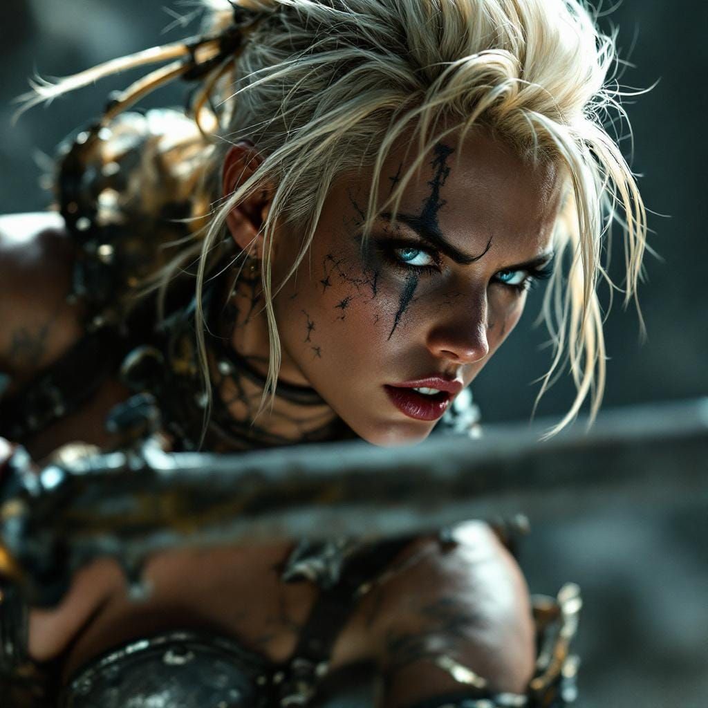 Fierce Barbarian Woman with Sword in Photorealistic Style