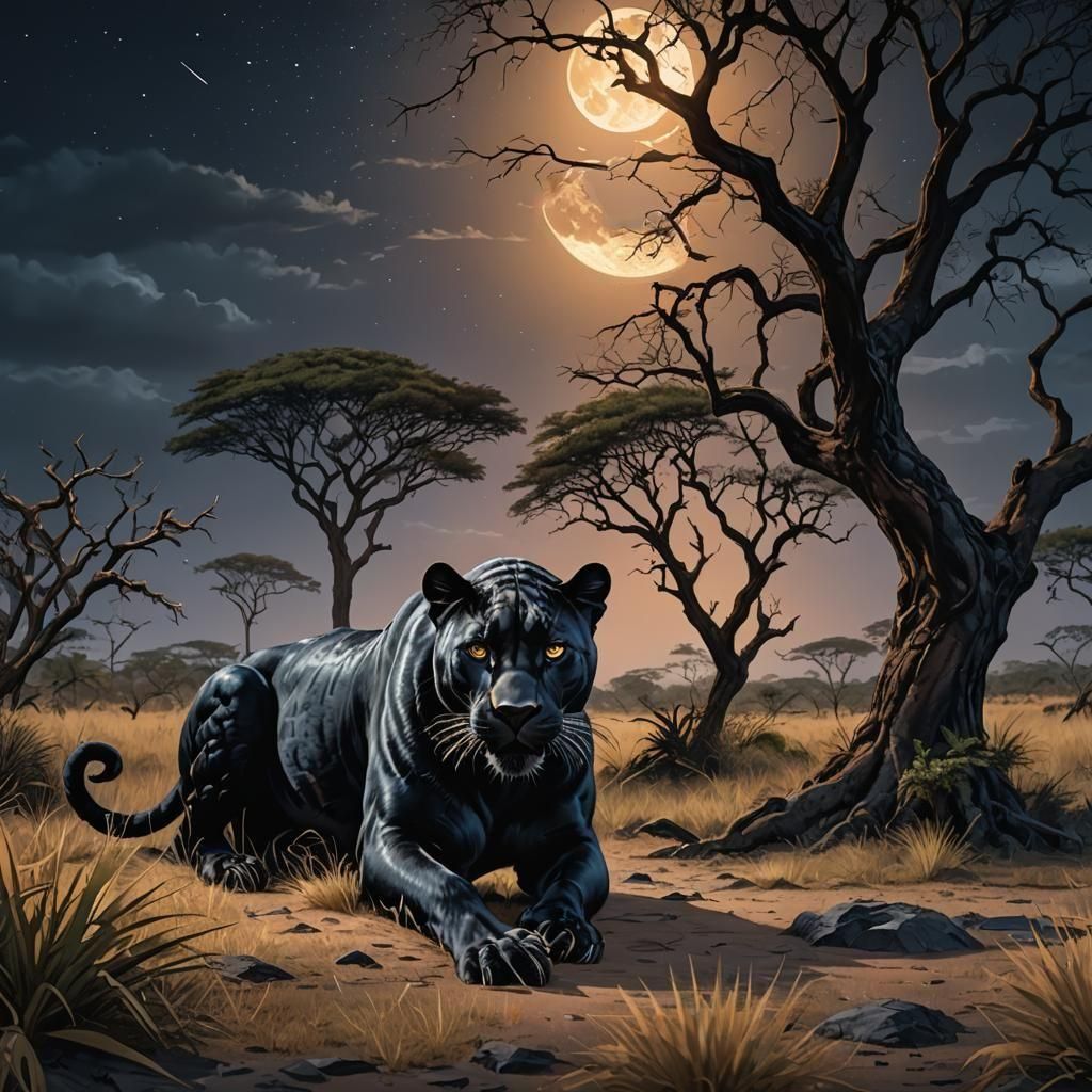 Black Panther Hunting Under Moonlight: Hyperrealistic Art