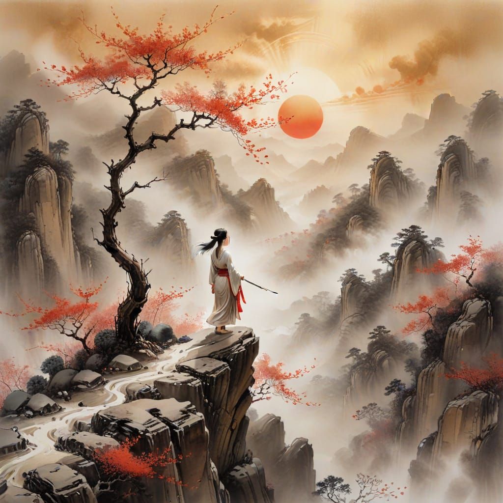 Ethereal Figure in Chinese Ink Landscape