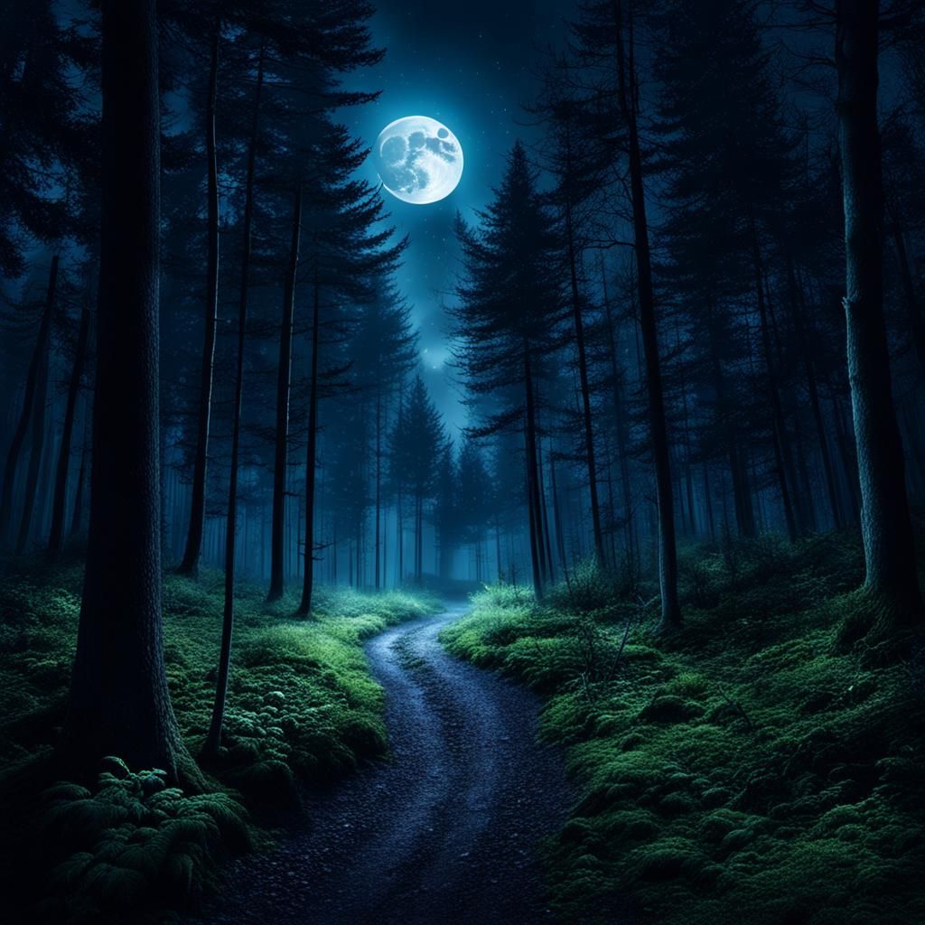 Moonlit Forest Path at Night