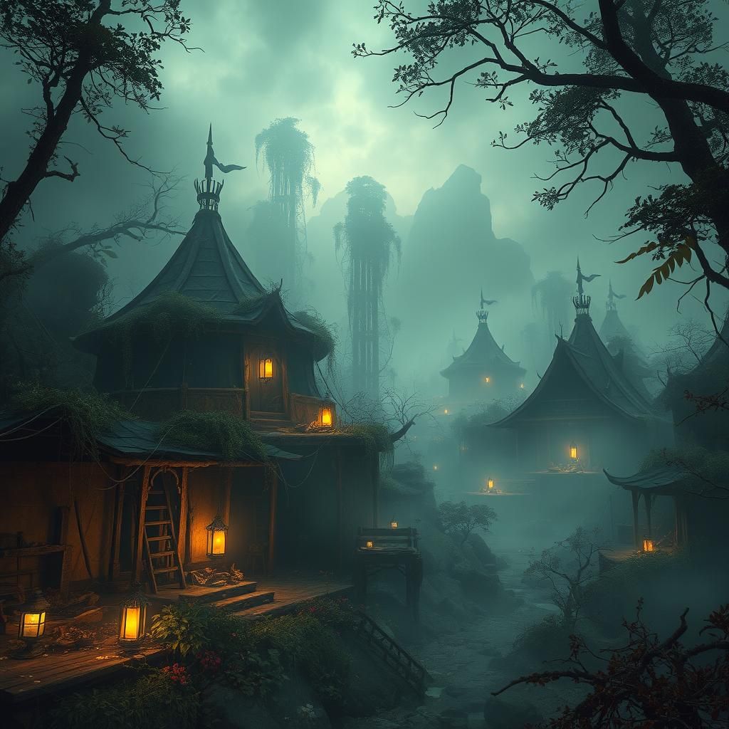 Mystical Tent City in Ancient Landscape as Digital Art