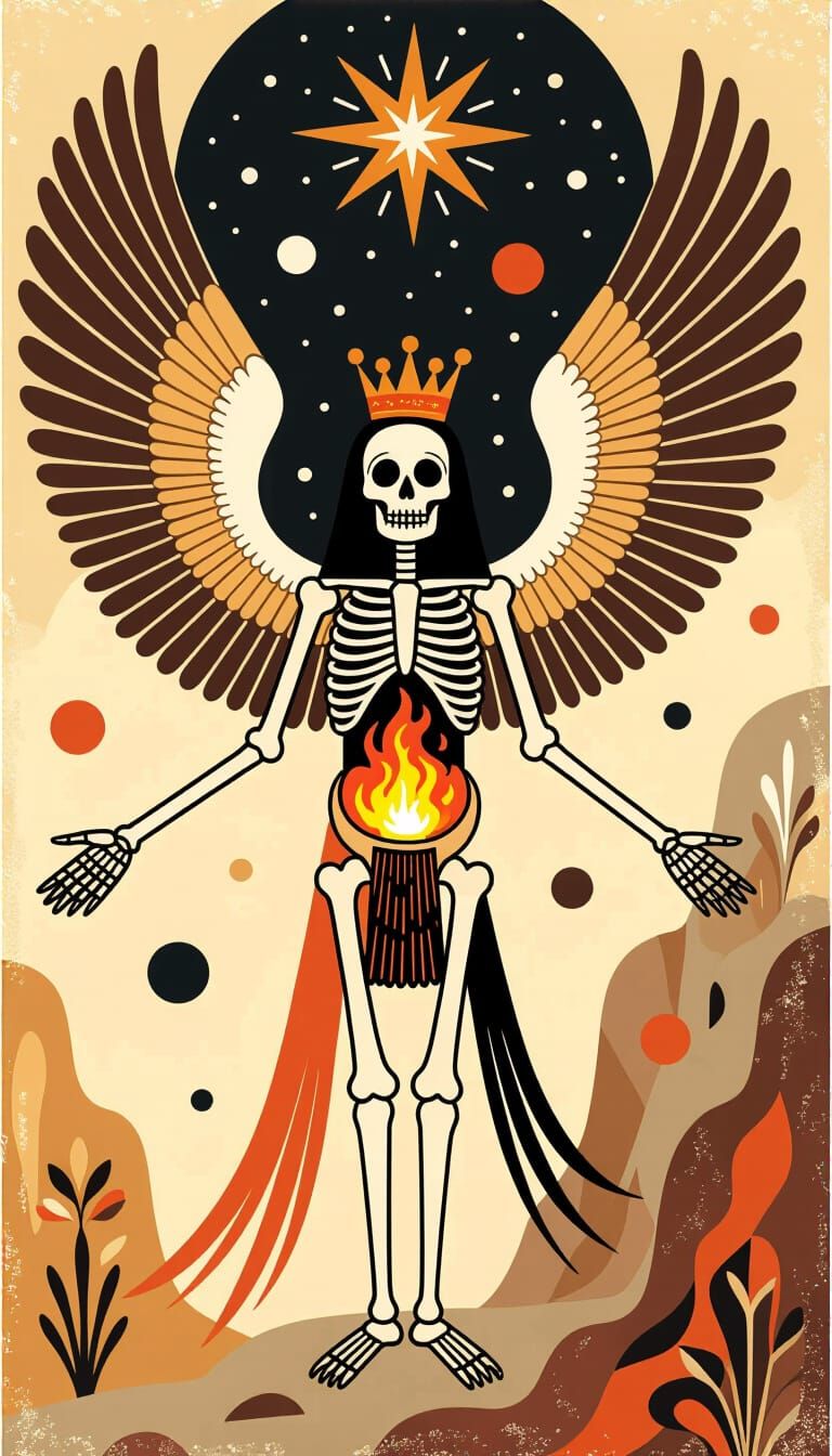 Cave Painting of Winged Skeleton with Fiery Core