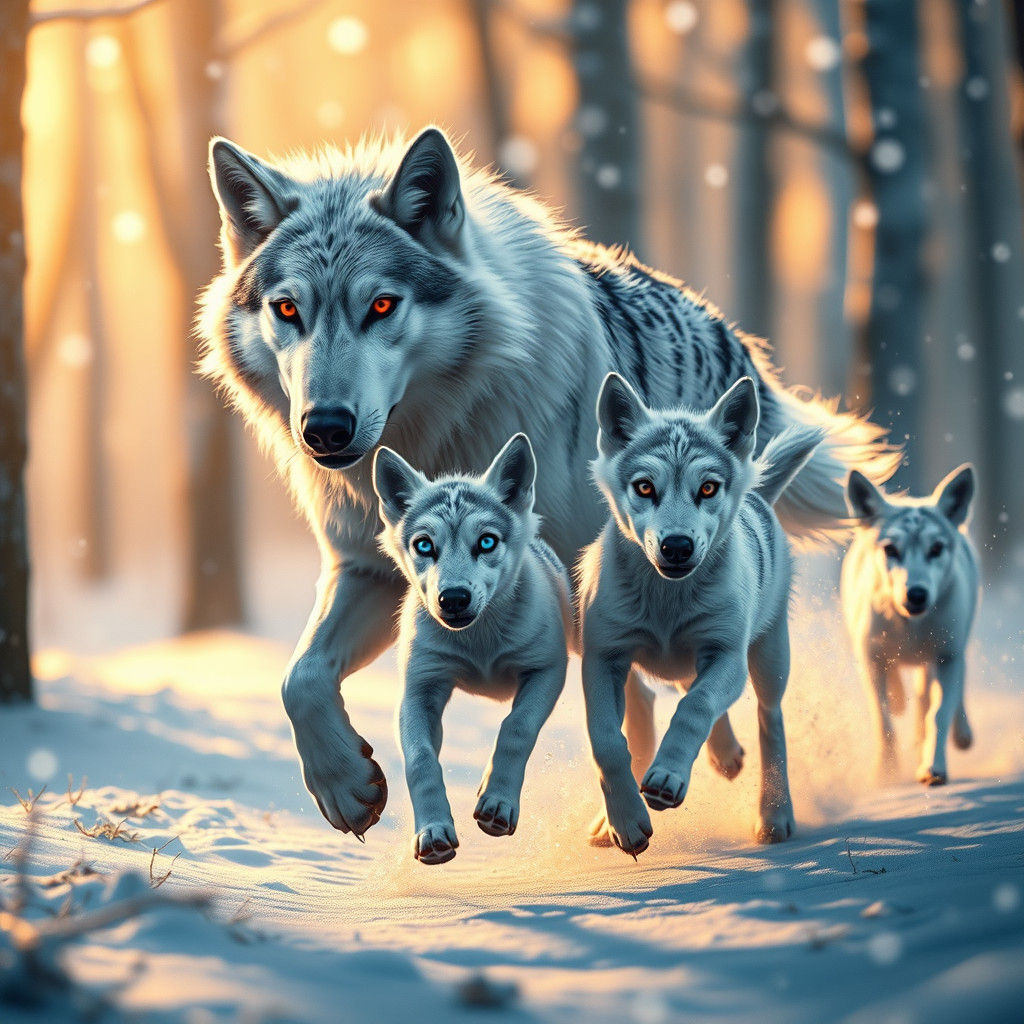 Wolves Chase Deer in Winter Forest, Fantasy Art