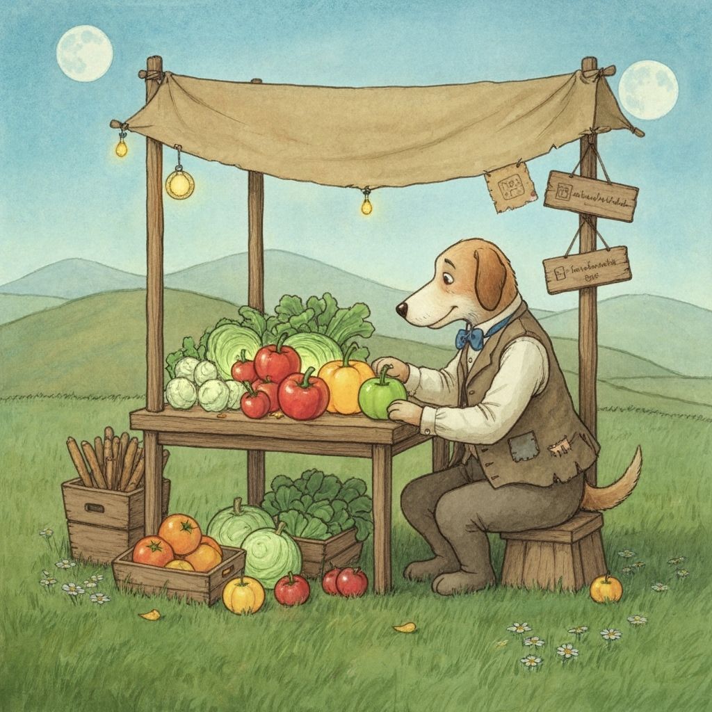 Dog Farmer in Surreal Landscape, Watercolor Style