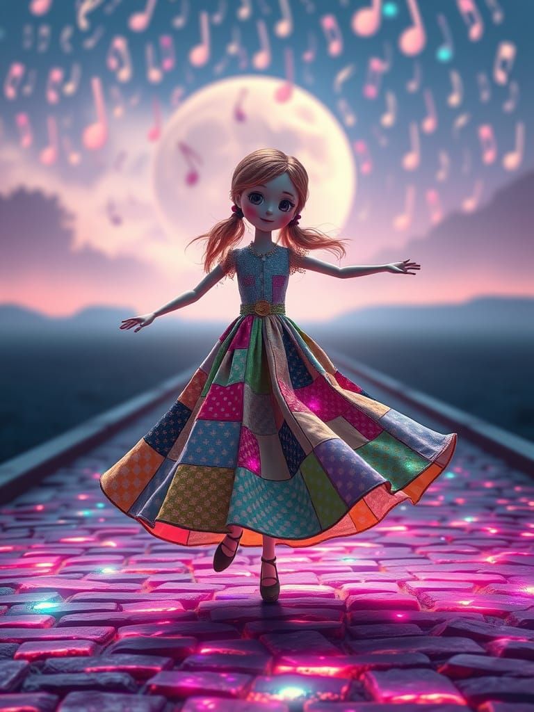 Surreal Doll Twirls on Neon Street in Hyperrealistic Style
