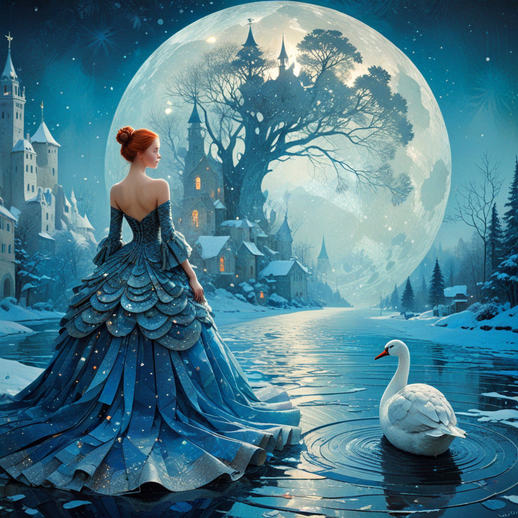 Fairy Tale Christmas Woman Under Blue Moonlight